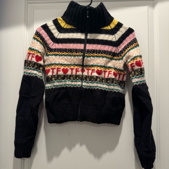 Teddy Fresh Sweaters - Teddy Fresh Black Zip-Up Sweater with Multicolor Fair Isle Hearts